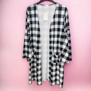 Karolina and Sophia Open Front Duster Womens Large Buffalo Plaid Bell Sleeves